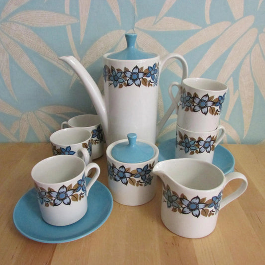 1960s Myott white, sky blue & taupe flowers "Sandhurst" coffee set