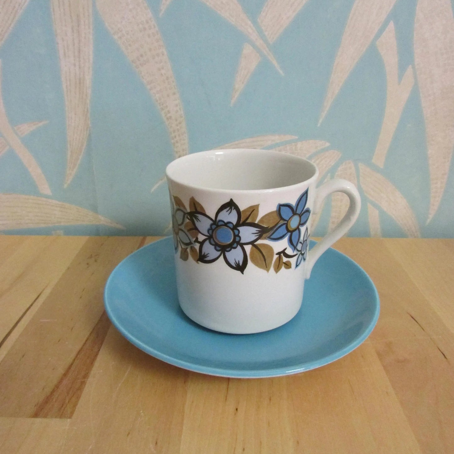 1960s Myott white, sky blue & taupe flowers "Sandhurst" coffee set