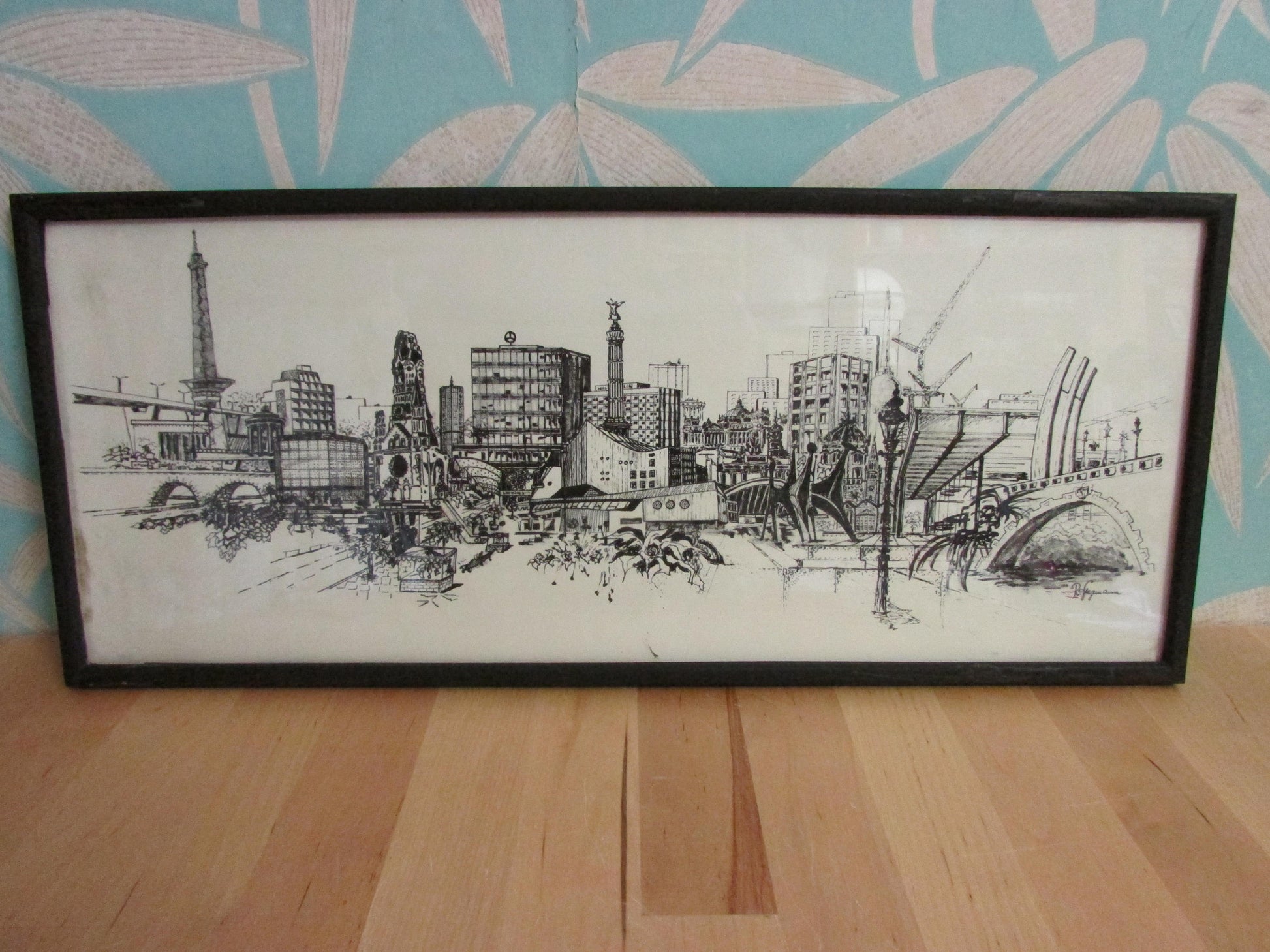 circa. 1960s framed architectural print of Berlin skyline, signed by artist