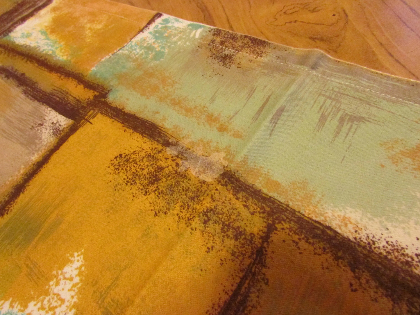 Vintage Duro screen printed mustard & green tone abstract pattern table cloth