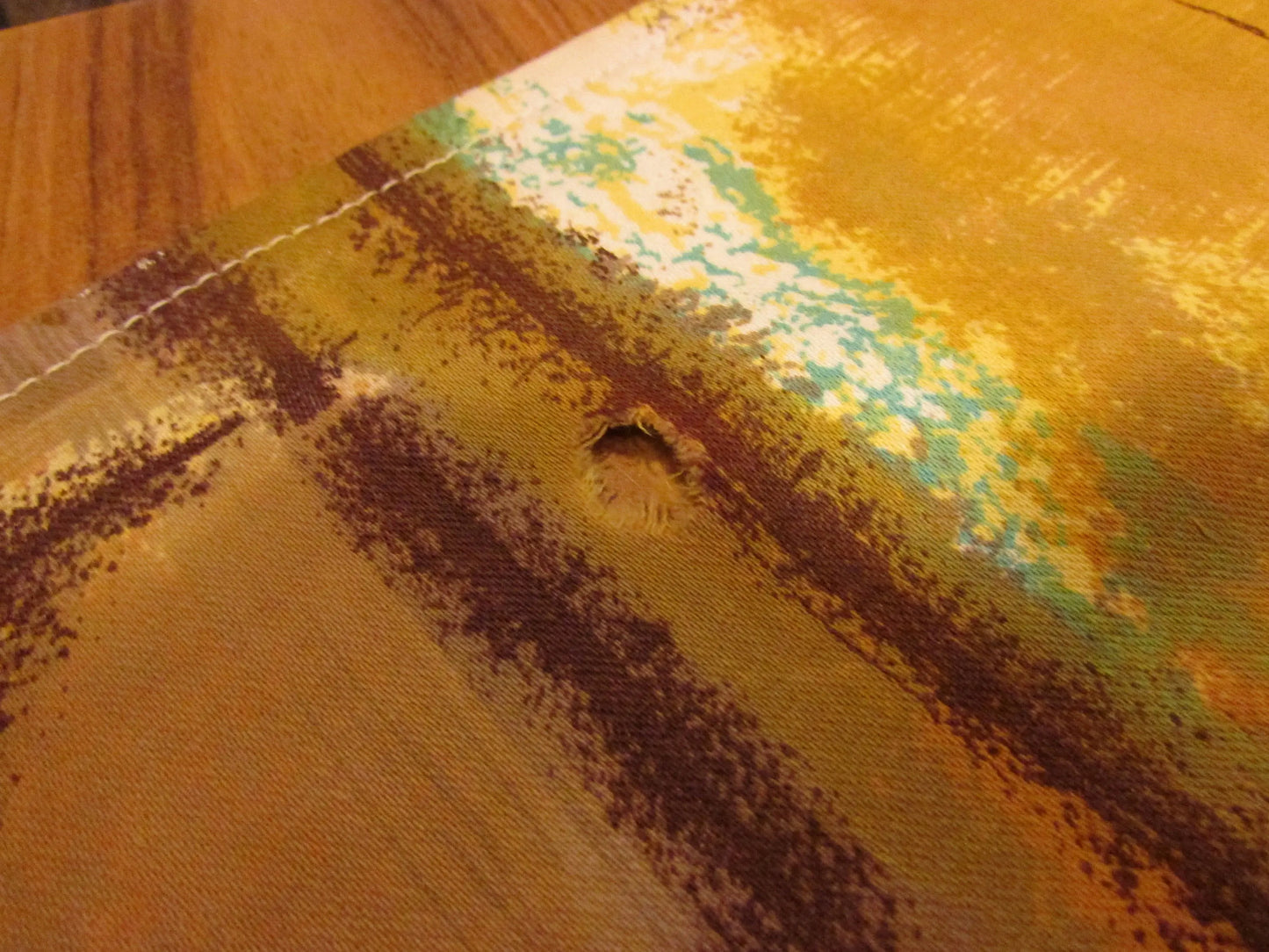 Vintage Duro screen printed mustard & green tone abstract pattern table cloth