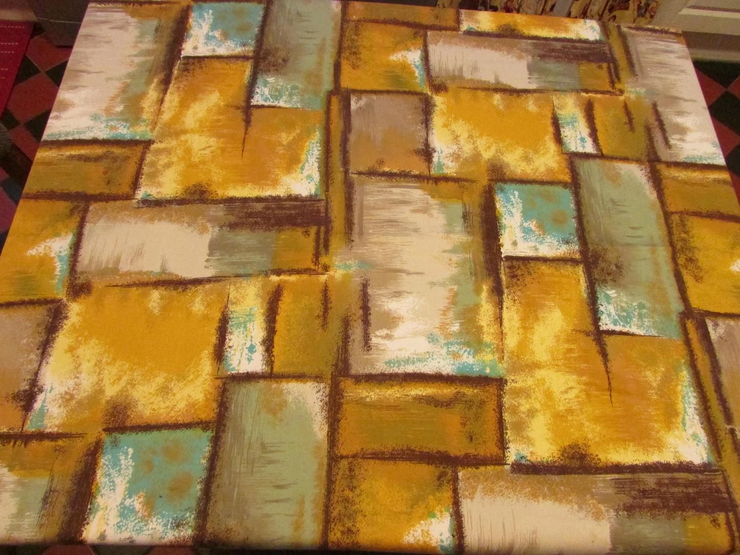 Vintage Duro screen printed mustard & green tone abstract pattern table cloth