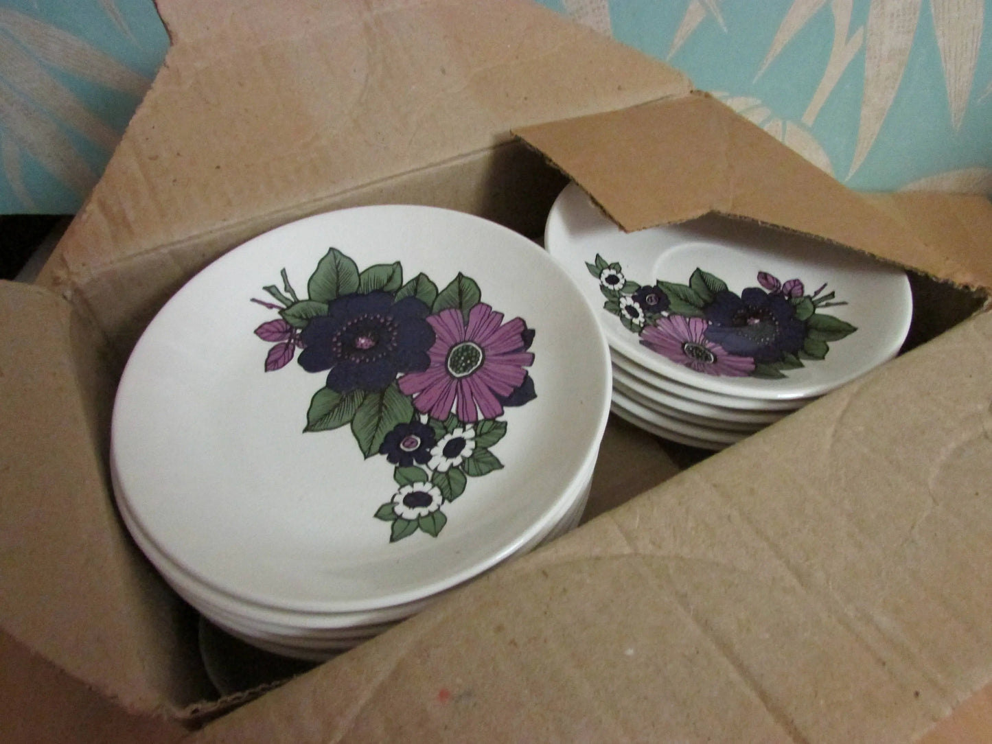 1960s/70s Cartwright & Edwards Ltd pink and purple floral patterned tea set, black cups