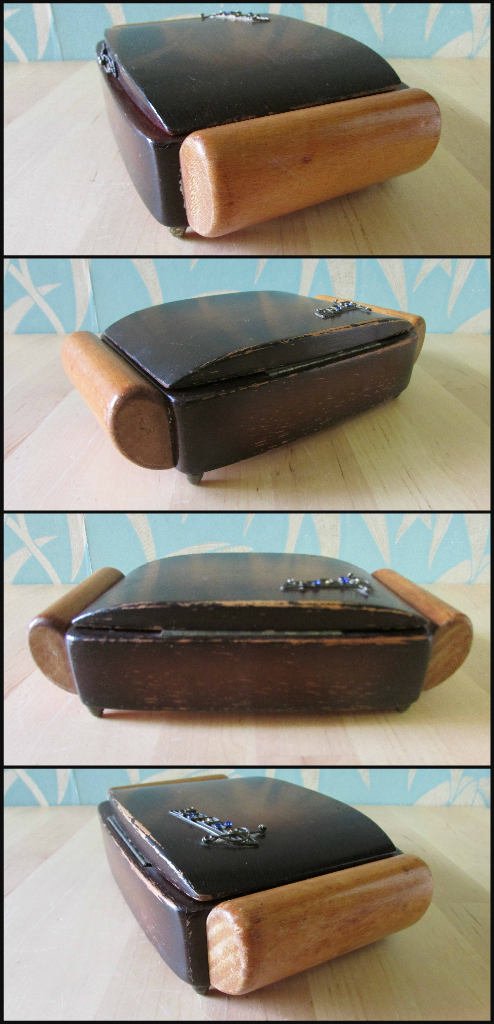 Vintage wooden jewellery/cigarette box, metal-tone music staff & notes highlighted with blue rhinestones