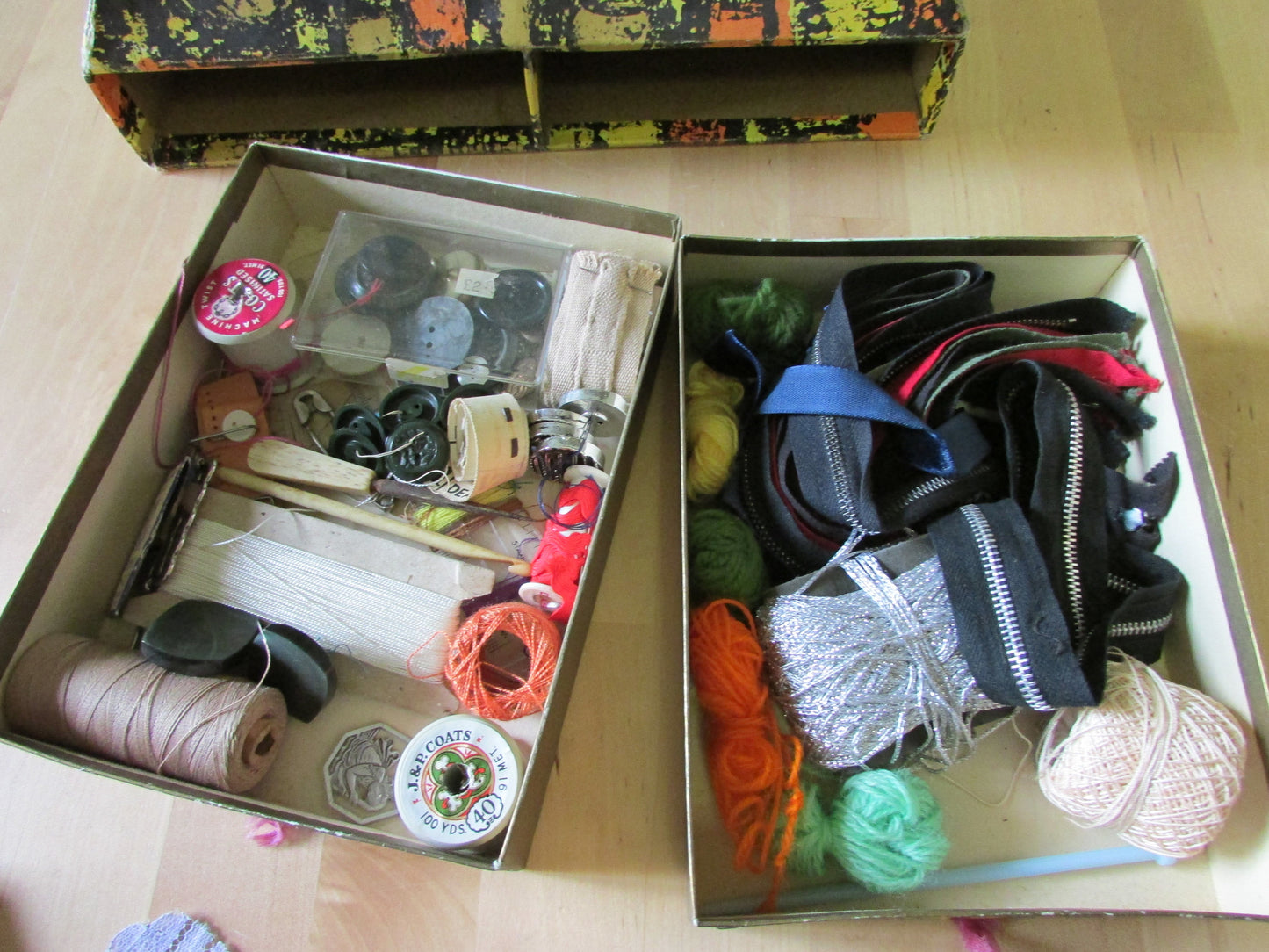 Must-have 1950s Sewinden Products cardboard sewing chest, crammed full with vintage haberdashery