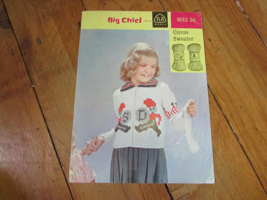 1970s P&B Wools Big Chief Series 9013 knitting pattern for Circus motif sweater