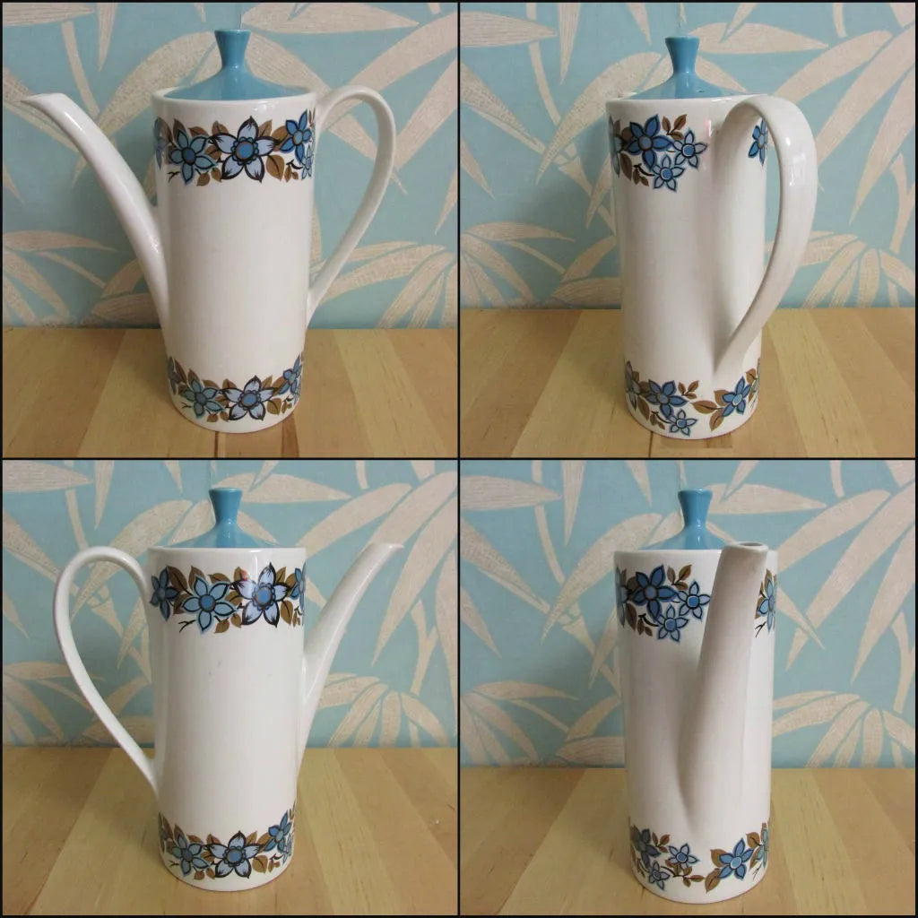 1960s Myott white, sky blue & taupe flowers "Sandhurst" coffee set