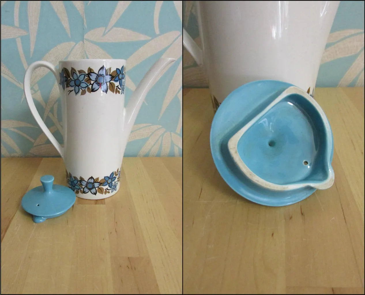 1960s Myott white, sky blue & taupe flowers "Sandhurst" coffee set