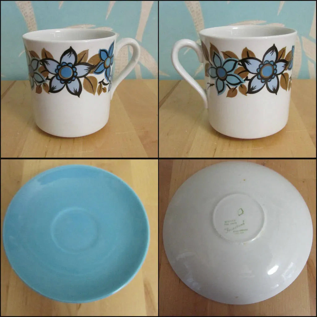 1960s Myott white, sky blue & taupe flowers "Sandhurst" coffee set
