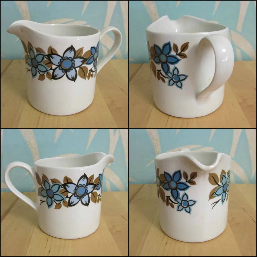 1960s Myott white, sky blue & taupe flowers "Sandhurst" coffee set