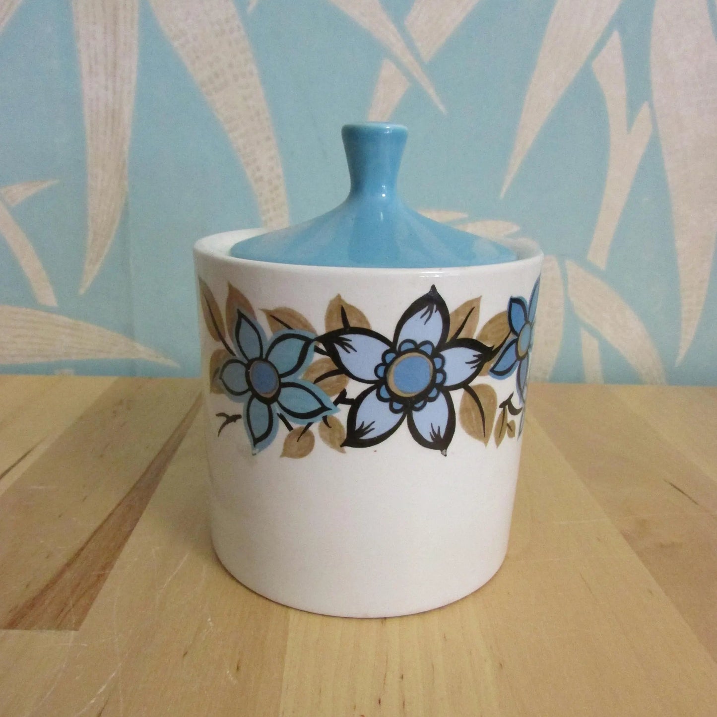 1960s Myott white, sky blue & taupe flowers "Sandhurst" coffee set