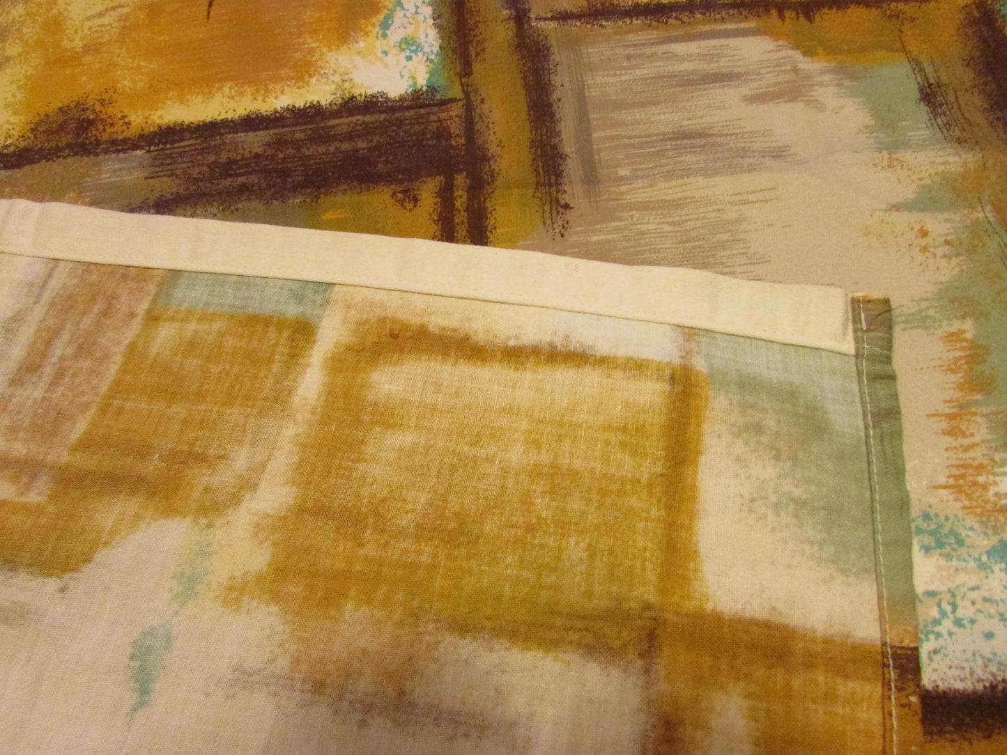 Vintage Duro screen printed mustard & green tone abstract pattern table cloth