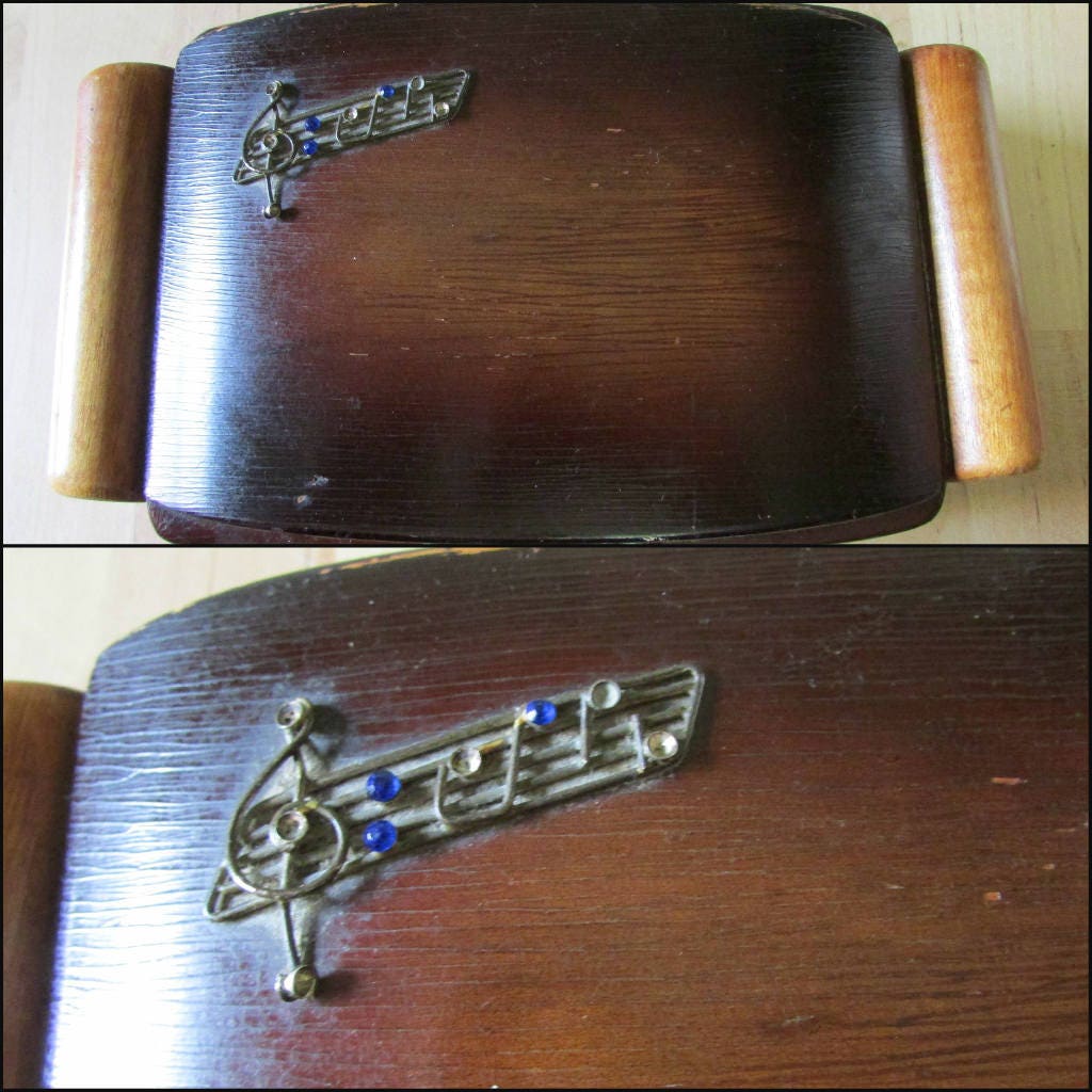 Vintage wooden jewellery/cigarette box, metal-tone music staff & notes highlighted with blue rhinestones