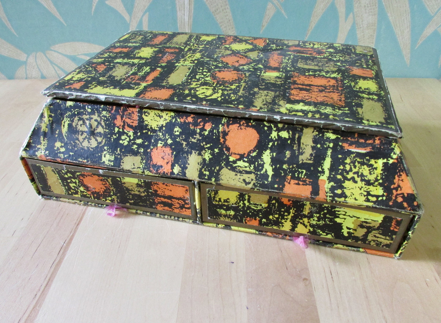 Must-have 1950s Sewinden Products cardboard sewing chest, crammed full with vintage haberdashery