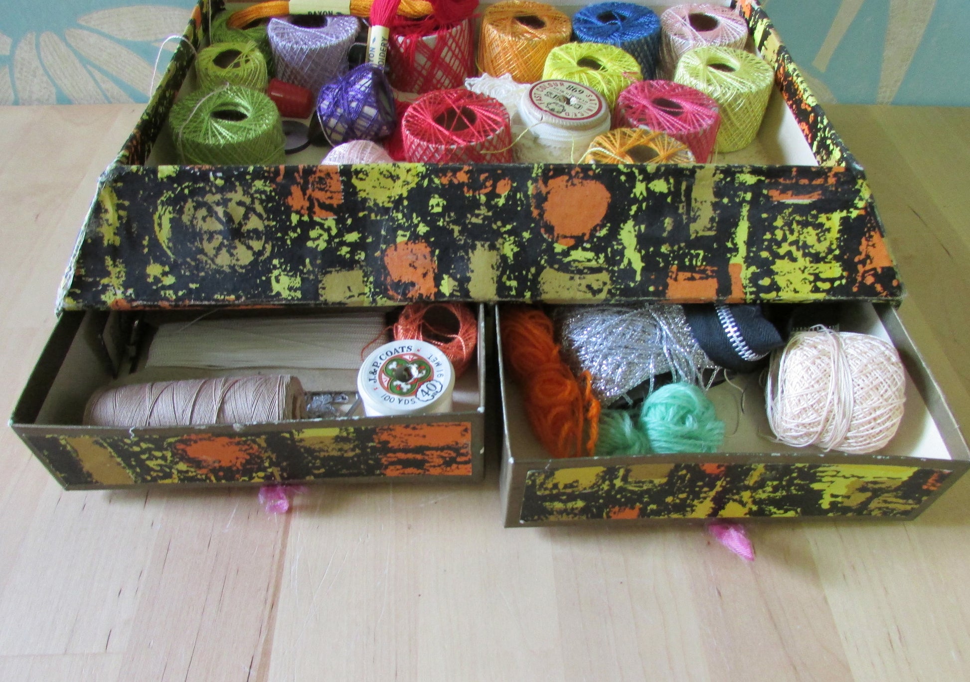 Must-have 1950s Sewinden Products cardboard sewing chest, crammed full with vintage haberdashery