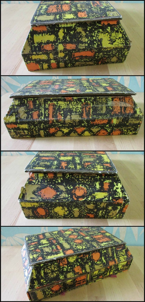 Must-have 1950s Sewinden Products cardboard sewing chest, crammed full with vintage haberdashery
