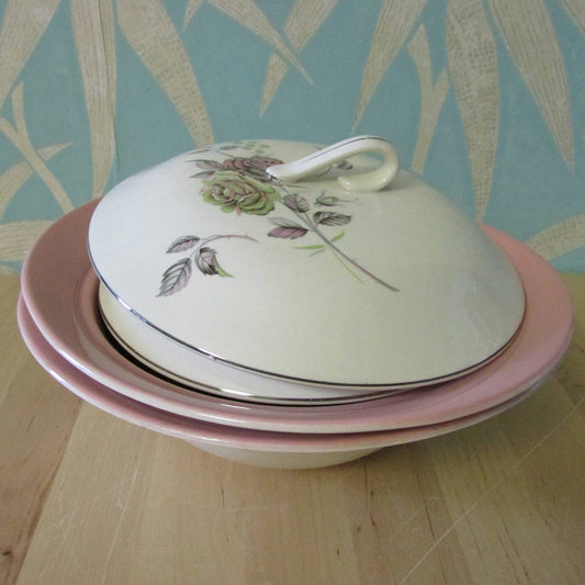 Pair of 1950s/60s Johnson Bros Snowhite pink rose lidded vegetable tureens