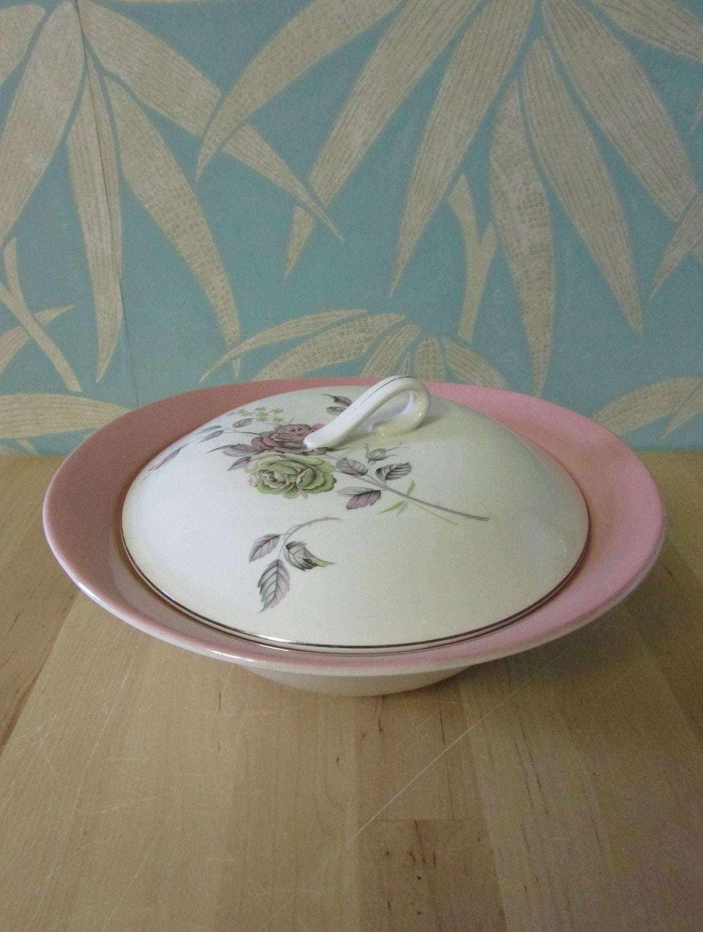 Pair of 1950s/60s Johnson Bros Snowhite pink rose lidded vegetable tureens