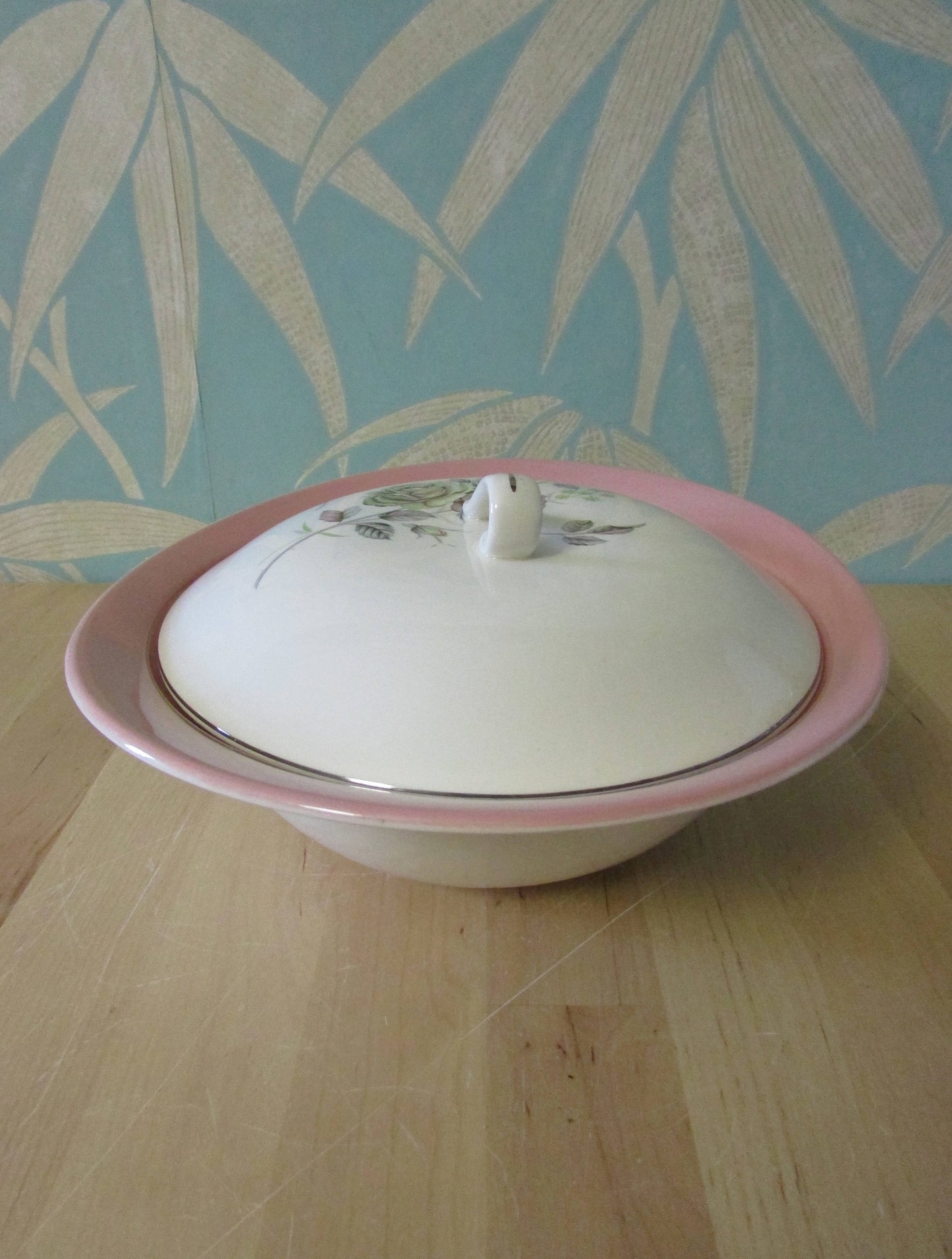 Pair of 1950s/60s Johnson Bros Snowhite pink rose lidded vegetable tureens