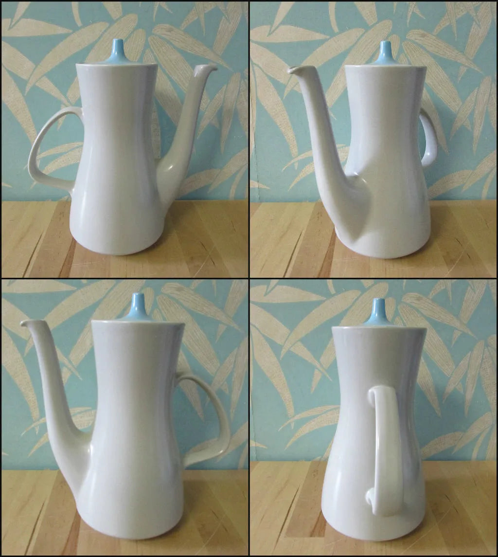 Pair of mid-century Poole Pottery ceramic Twintone contour coffee pots, Sky Blue & Dove Grey