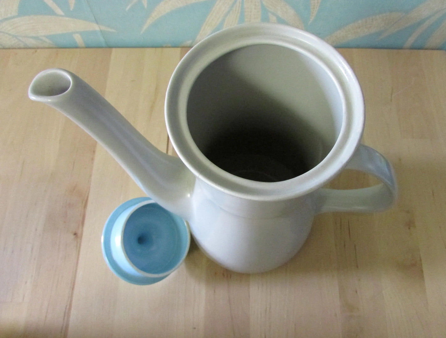 Pair of mid-century Poole Pottery ceramic Twintone contour coffee pots, Sky Blue & Dove Grey