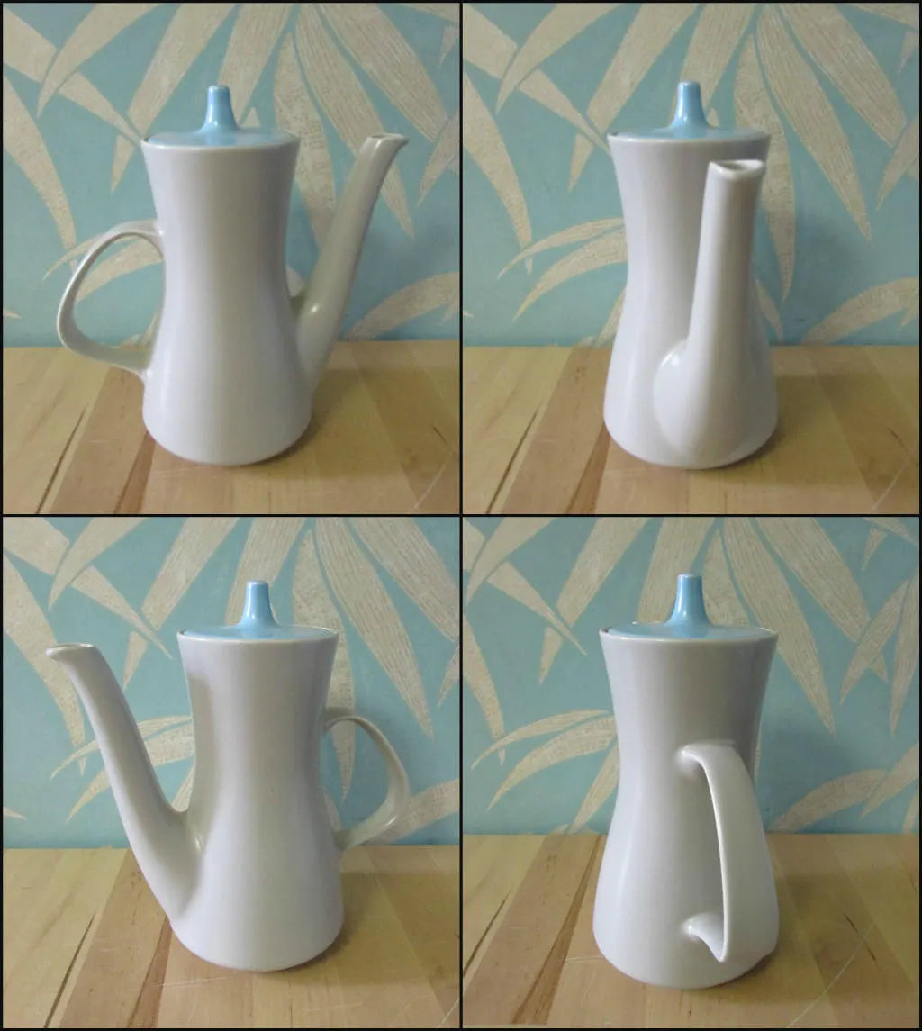 Pair of mid-century Poole Pottery ceramic Twintone contour coffee pots, Sky Blue & Dove Grey