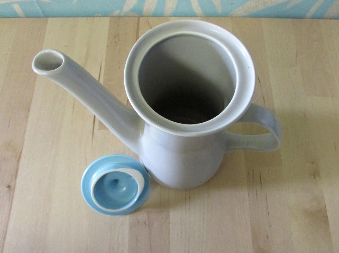 Pair of mid-century Poole Pottery ceramic Twintone contour coffee pots, Sky Blue & Dove Grey