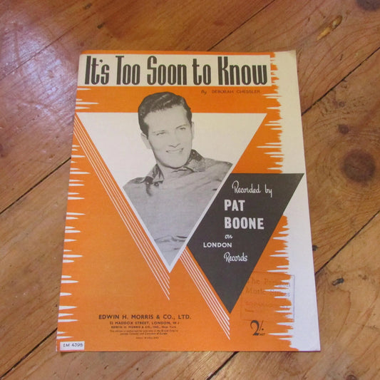 Sheet music for "It's Too Soon to Know", as recorded by Pat Boone (Softback, 1950s)