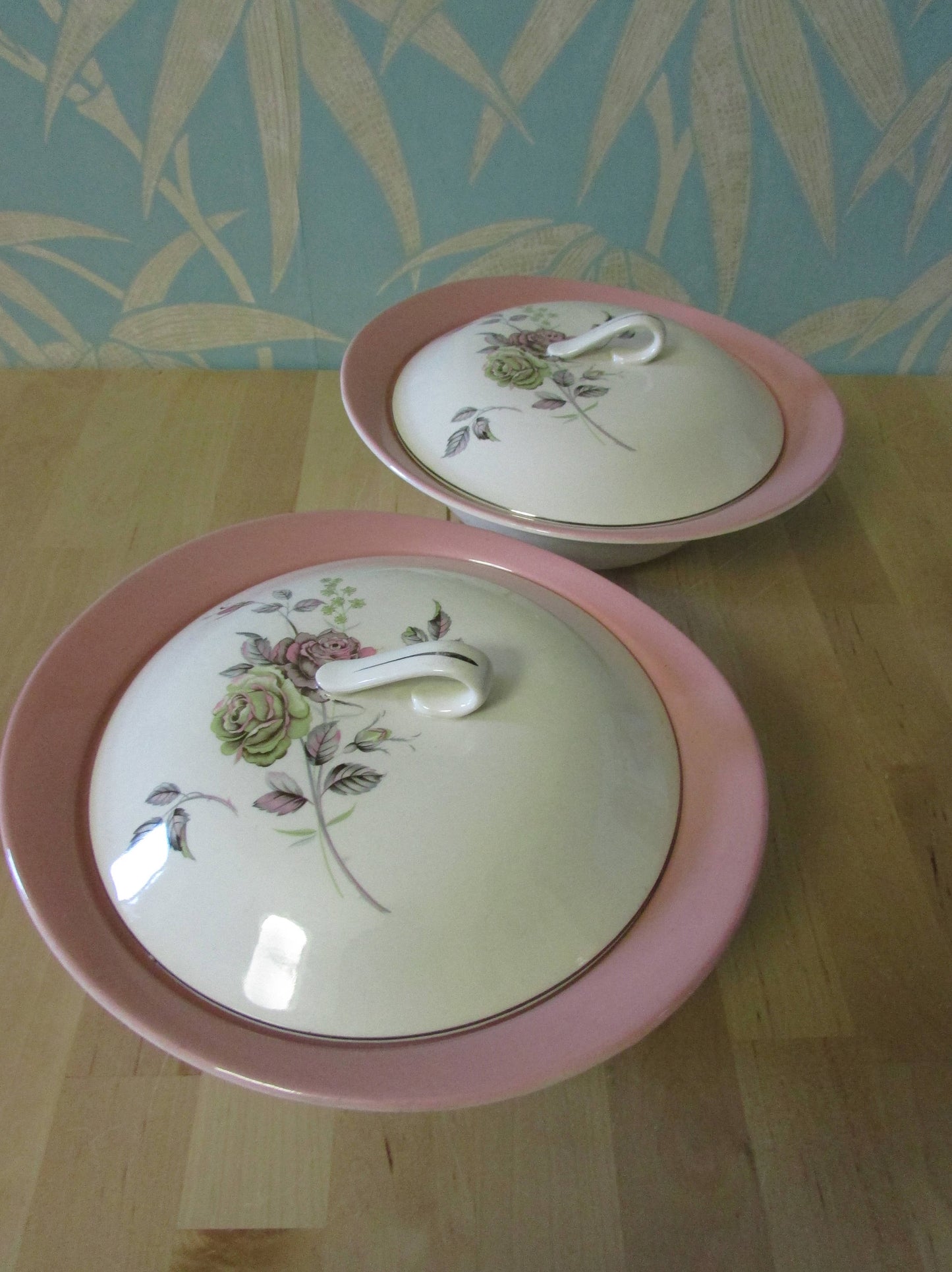 Pair of 1950s/60s Johnson Bros Snowhite pink rose lidded vegetable tureens