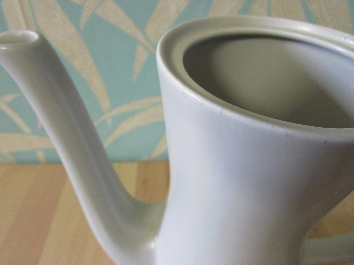 Pair of mid-century Poole Pottery ceramic Twintone contour coffee pots, Sky Blue & Dove Grey