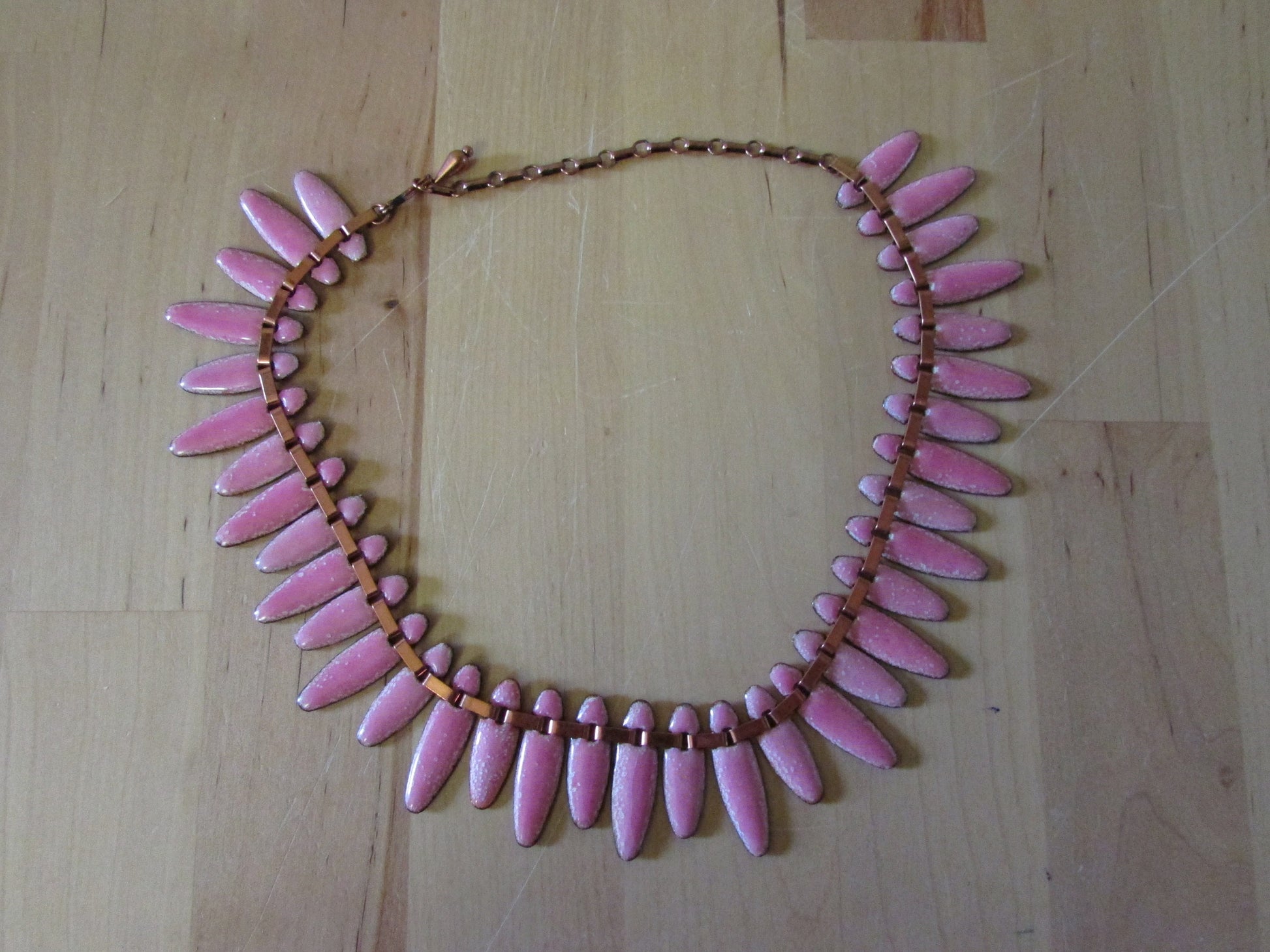 Beautiful 1950s Renoir Matisse 'Nefertiti' pink enamel copper necklace, bracelet & earring set, demi parure