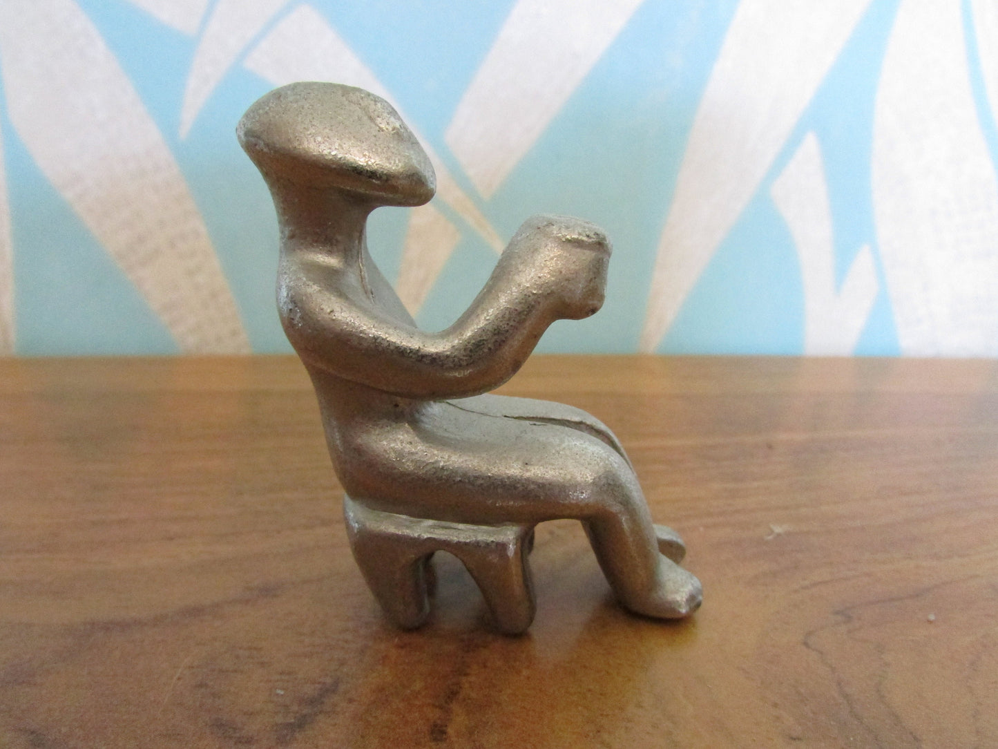 Rare silver-tone cast-metal miniature Cycladic "cup bearer" seated figurine