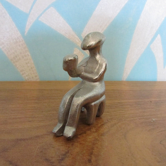 Rare silver-tone cast-metal miniature Cycladic "cup bearer" seated figurine