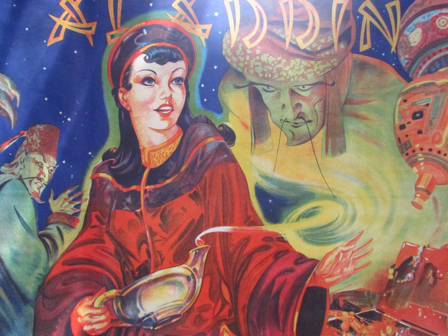Framed 1930s Aladdin theatrical poster by Taylors Printers of Wombwell, Yorkshire