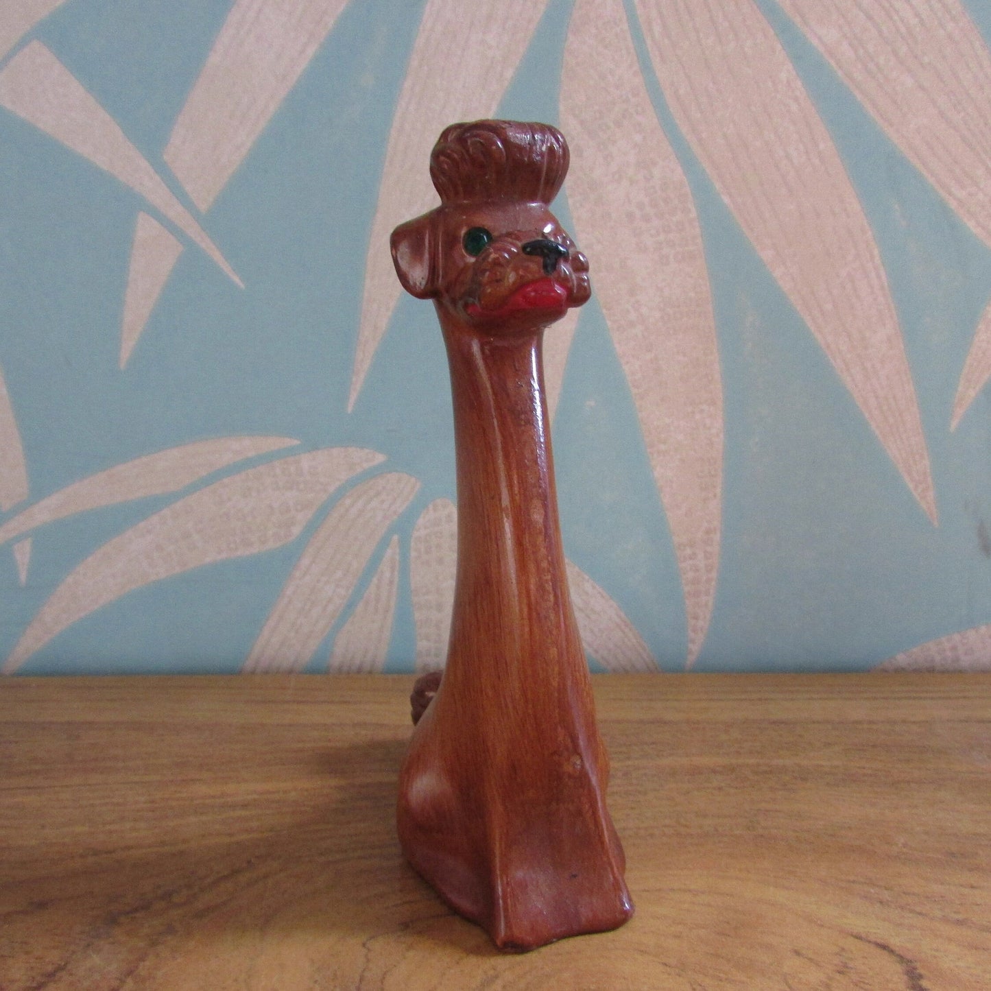 Vintage wood-effect poodle figurine with rhinestone eye detail, made in Italy