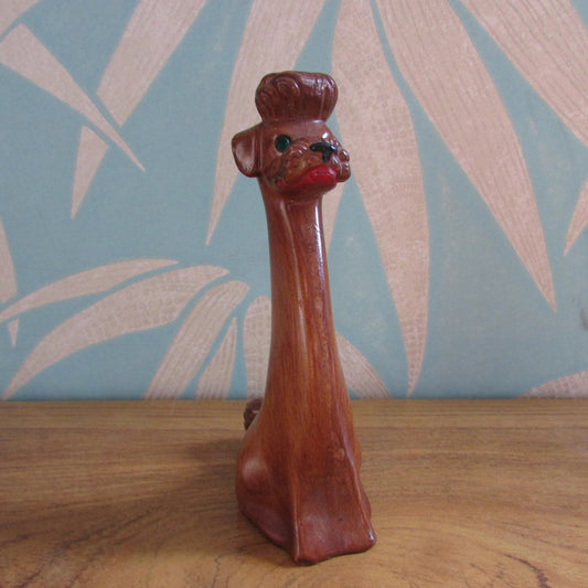 Vintage wood-effect poodle figurine with rhinestone eye detail, made in Italy
