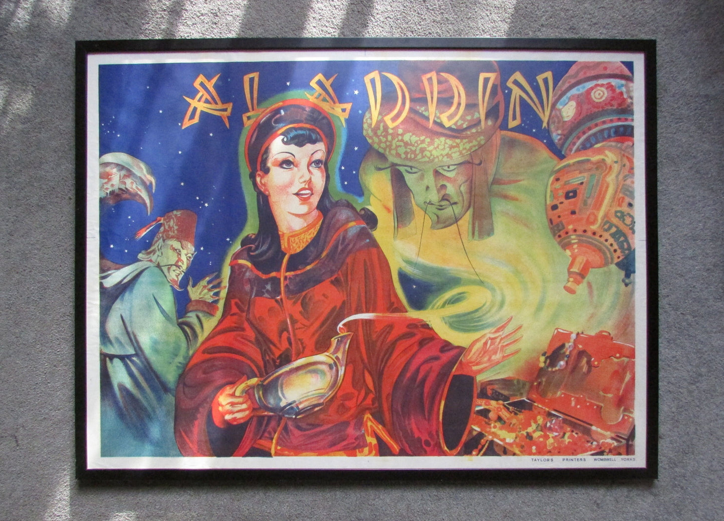 Framed 1930s Aladdin theatrical poster by Taylors Printers of Wombwell, Yorkshire