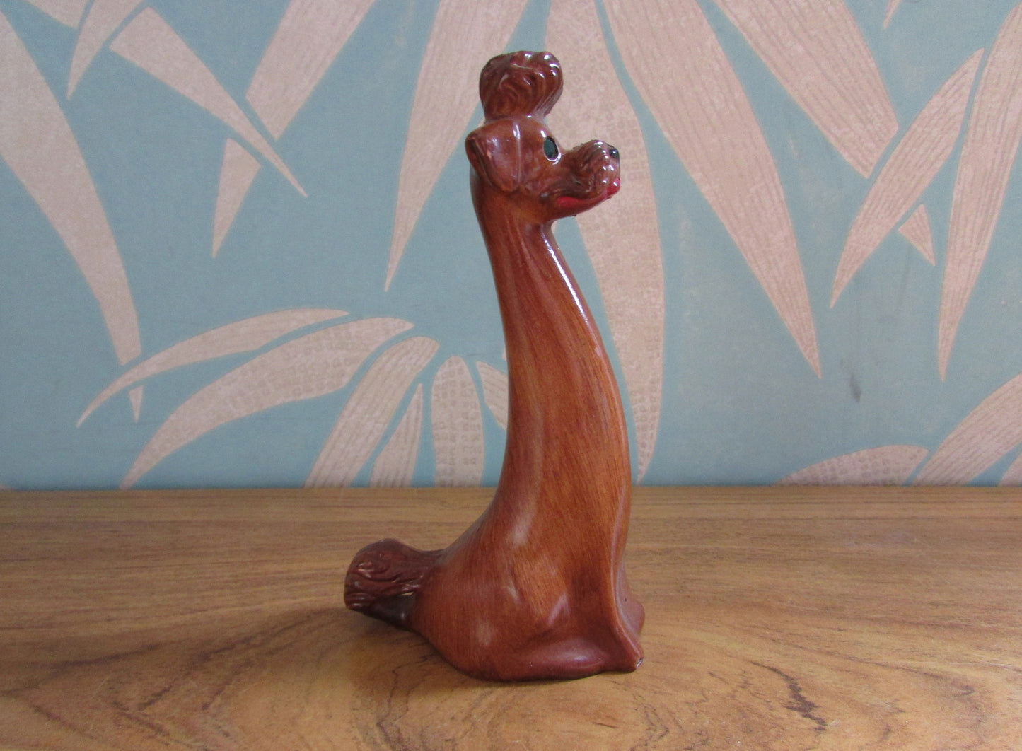 Vintage wood-effect poodle figurine with rhinestone eye detail, made in Italy