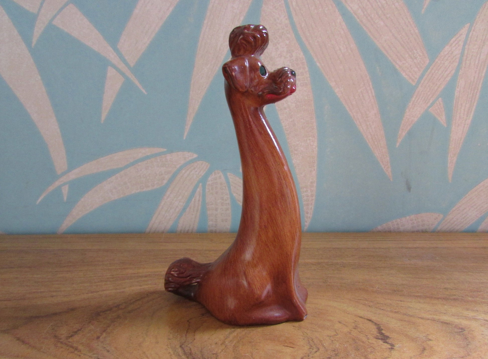 Vintage wood-effect poodle figurine with rhinestone eye detail, made in Italy
