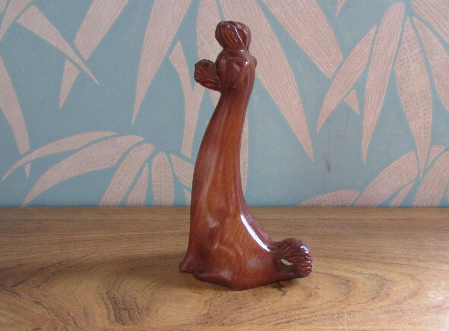 Vintage wood-effect poodle figurine with rhinestone eye detail, made in Italy