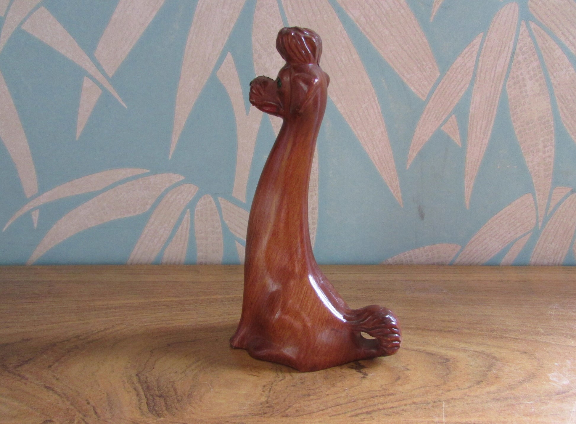 Vintage wood-effect poodle figurine with rhinestone eye detail, made in Italy