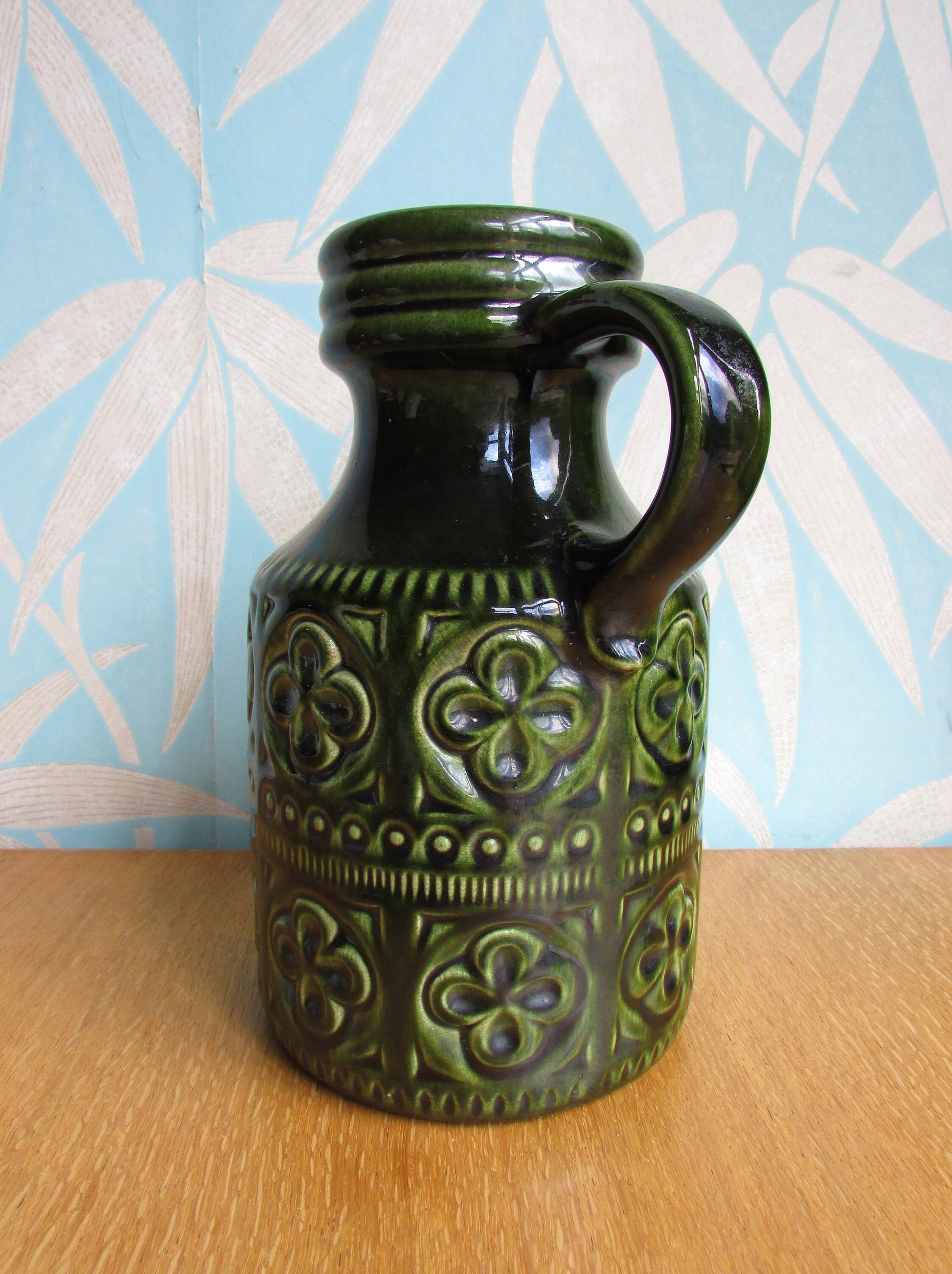 1970s Scheurich, West Germany, dark green 'Foligna' textured handled art vase