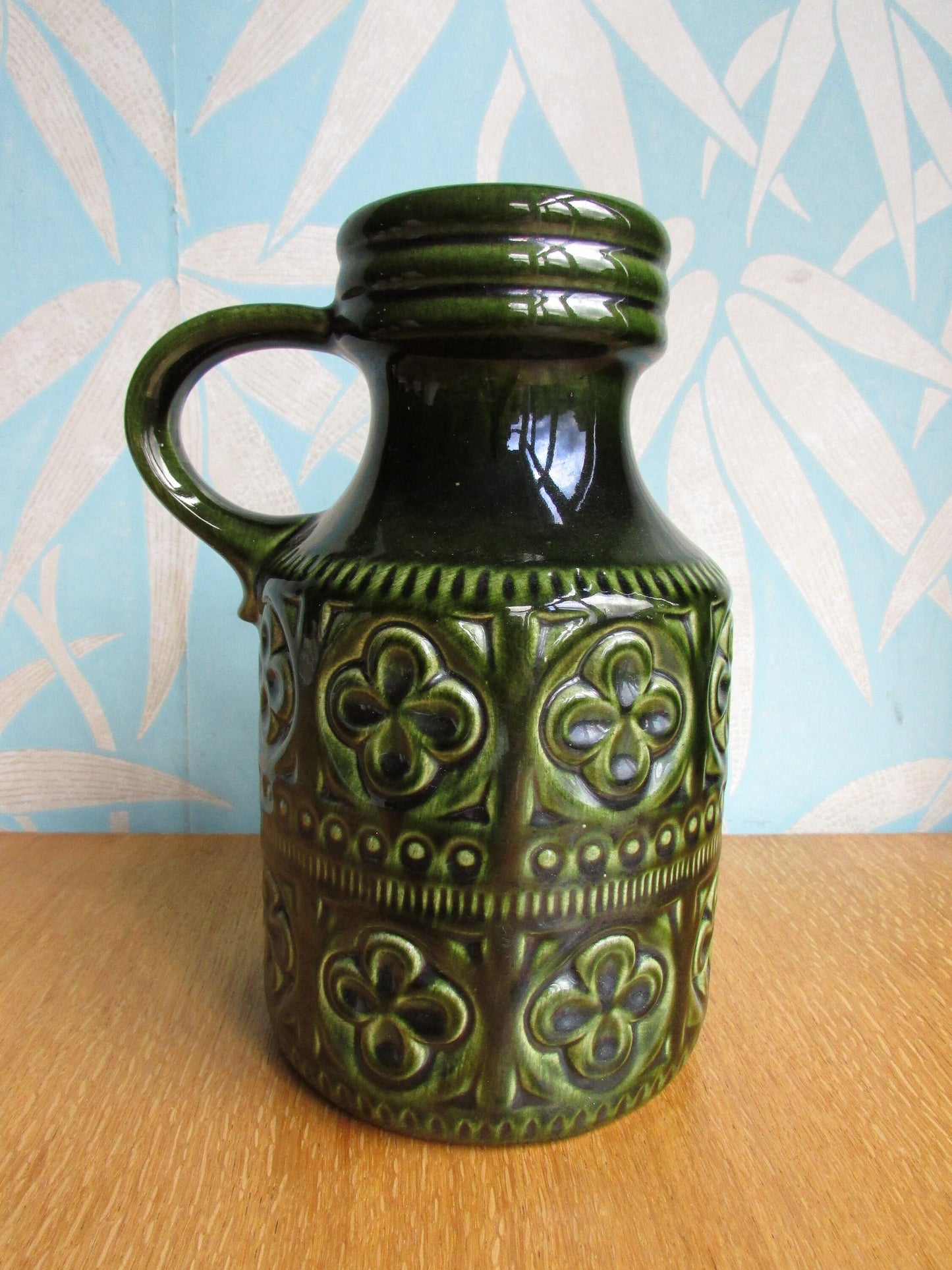 1970s Scheurich, West Germany, dark green 'Foligna' textured handled art vase