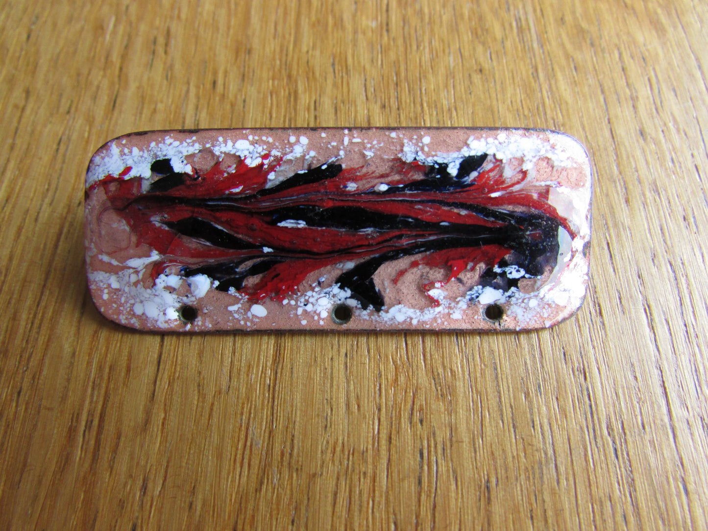 circa. 1960s studio art enamel abstract swirls on copper rectangular brooch