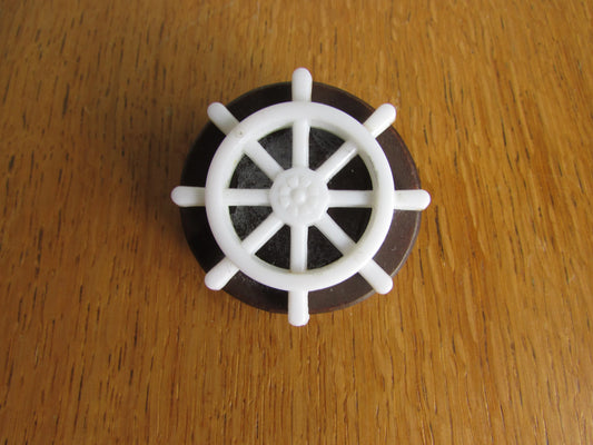 Home-made brooch using vintage plastic ships wheel and vintage wooden round bead