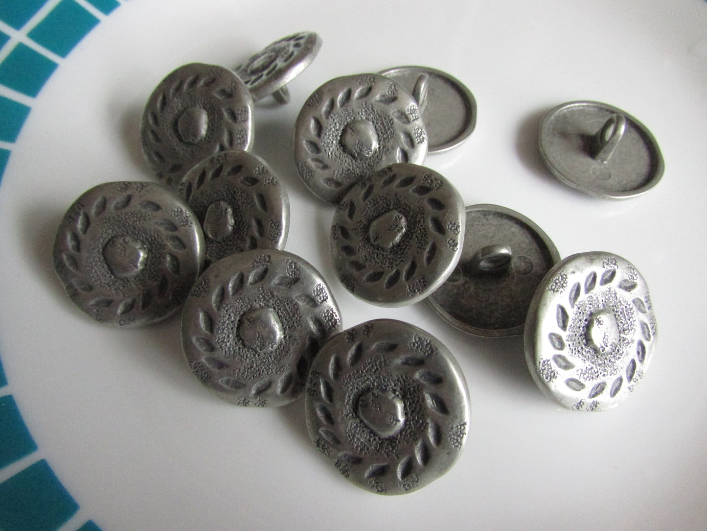 12 vintage hammered embossed round metal buttons