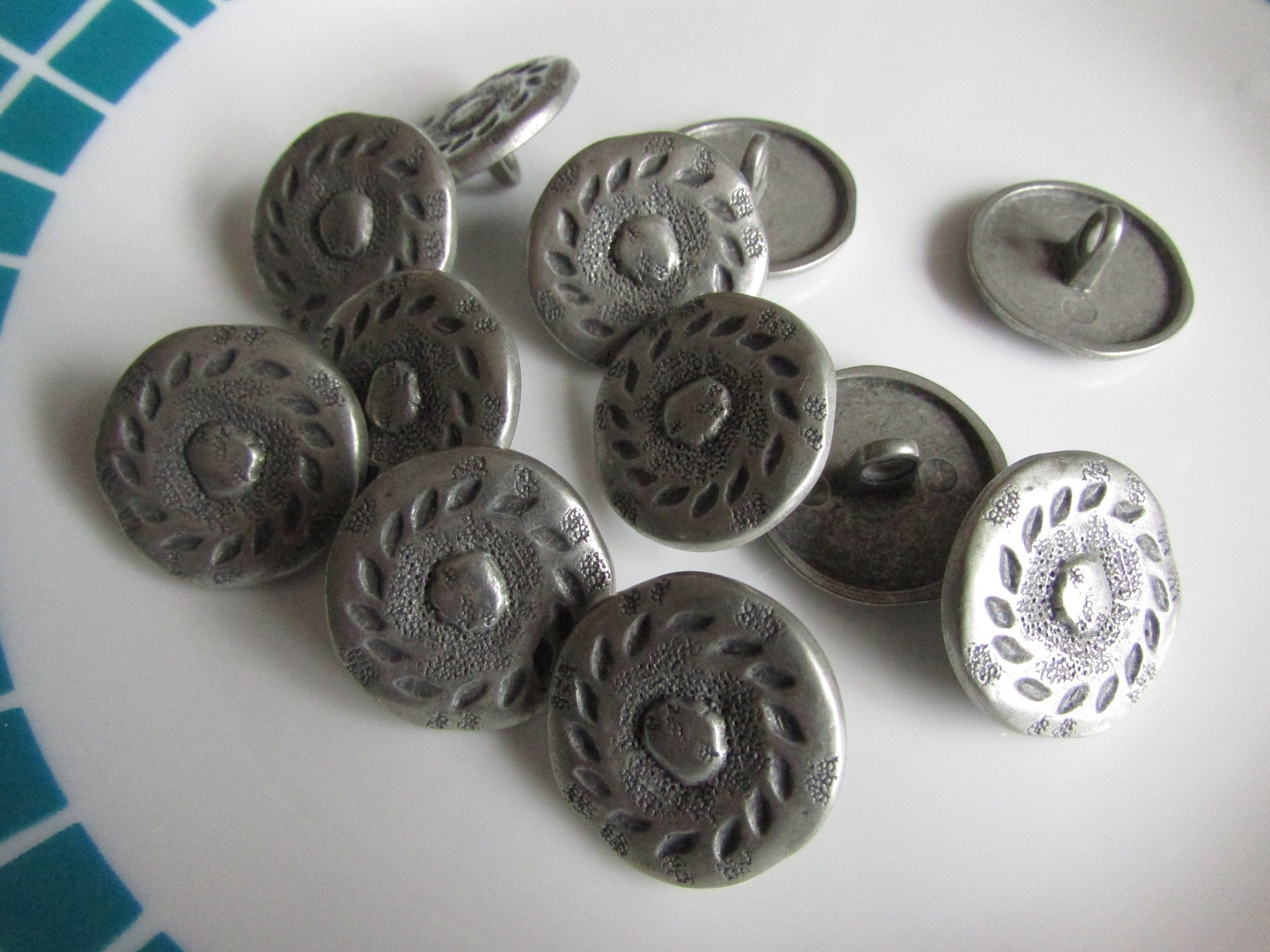 12 vintage hammered embossed round metal buttons
