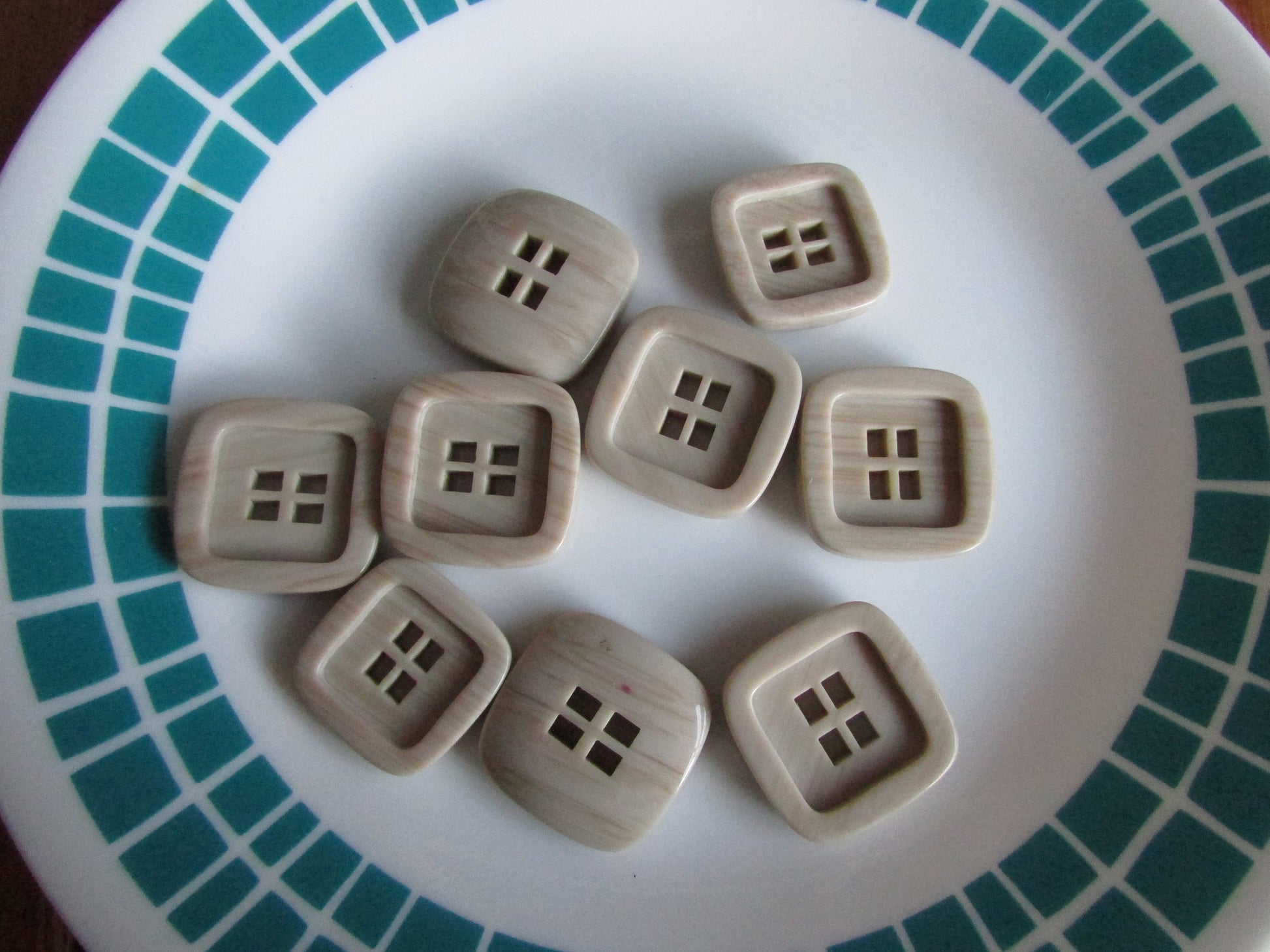 9 vintage pale taupe/mushroom-coloured square plastic buttons