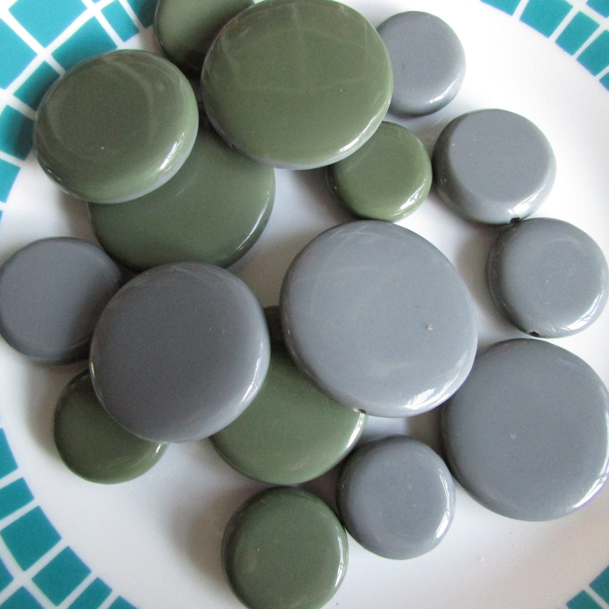 17 vintage double sided olive/grey flat disc beads