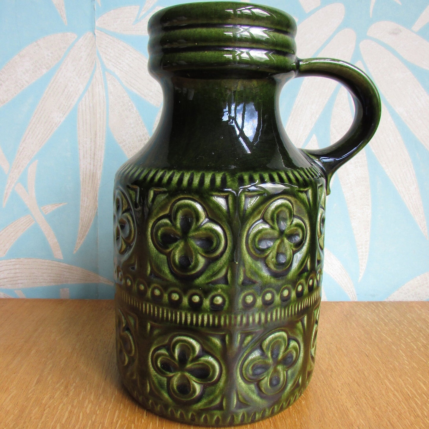 1970s Scheurich, West Germany, dark green 'Foligna' textured handled art vase